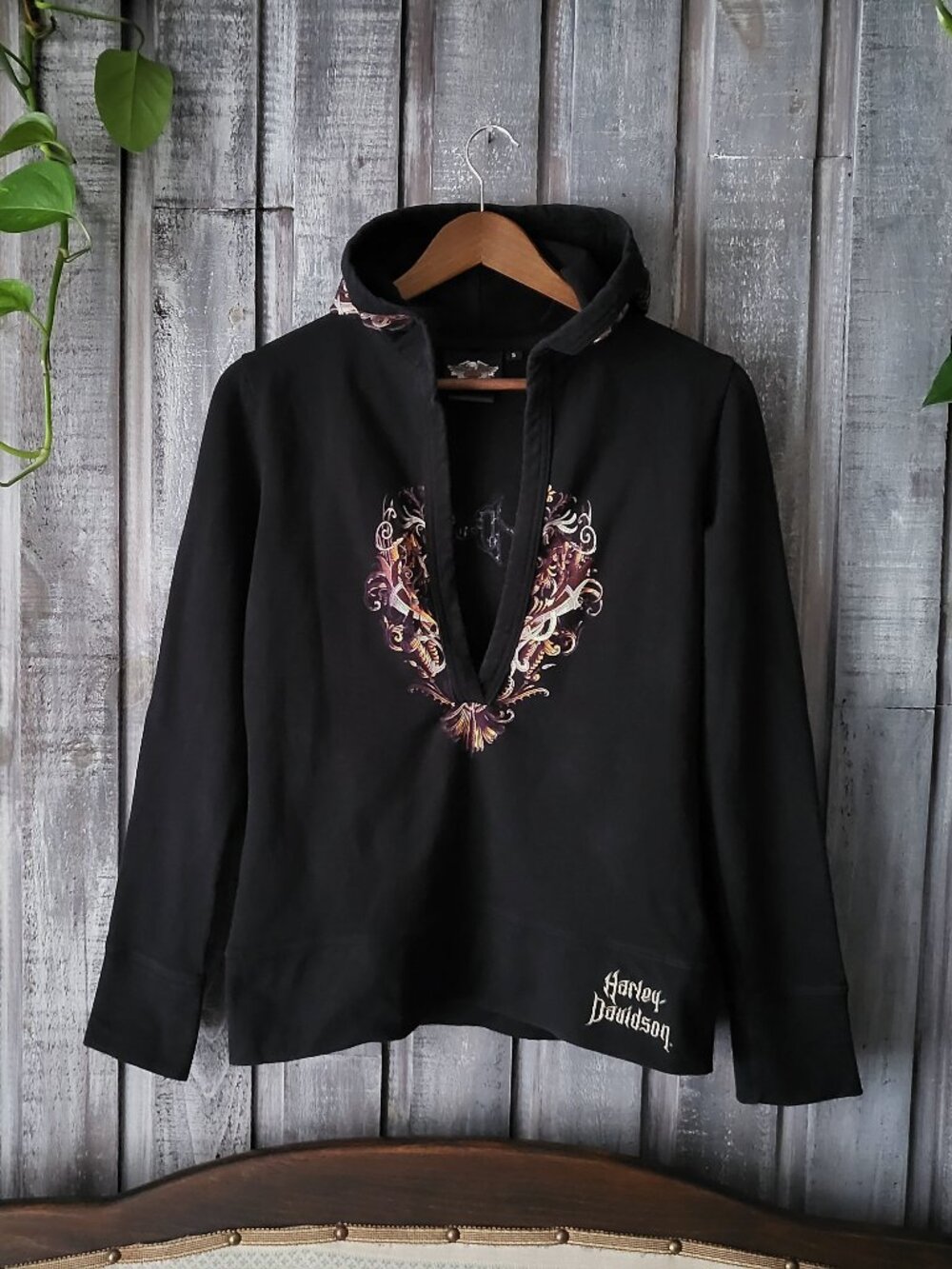 Harley Davidson Vintage Graphic Hoodie Skull Winged Black Small Like New
